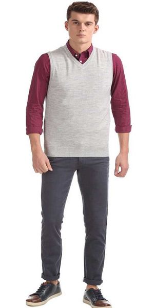 Solid V-neck Casual Men Grey Sweater